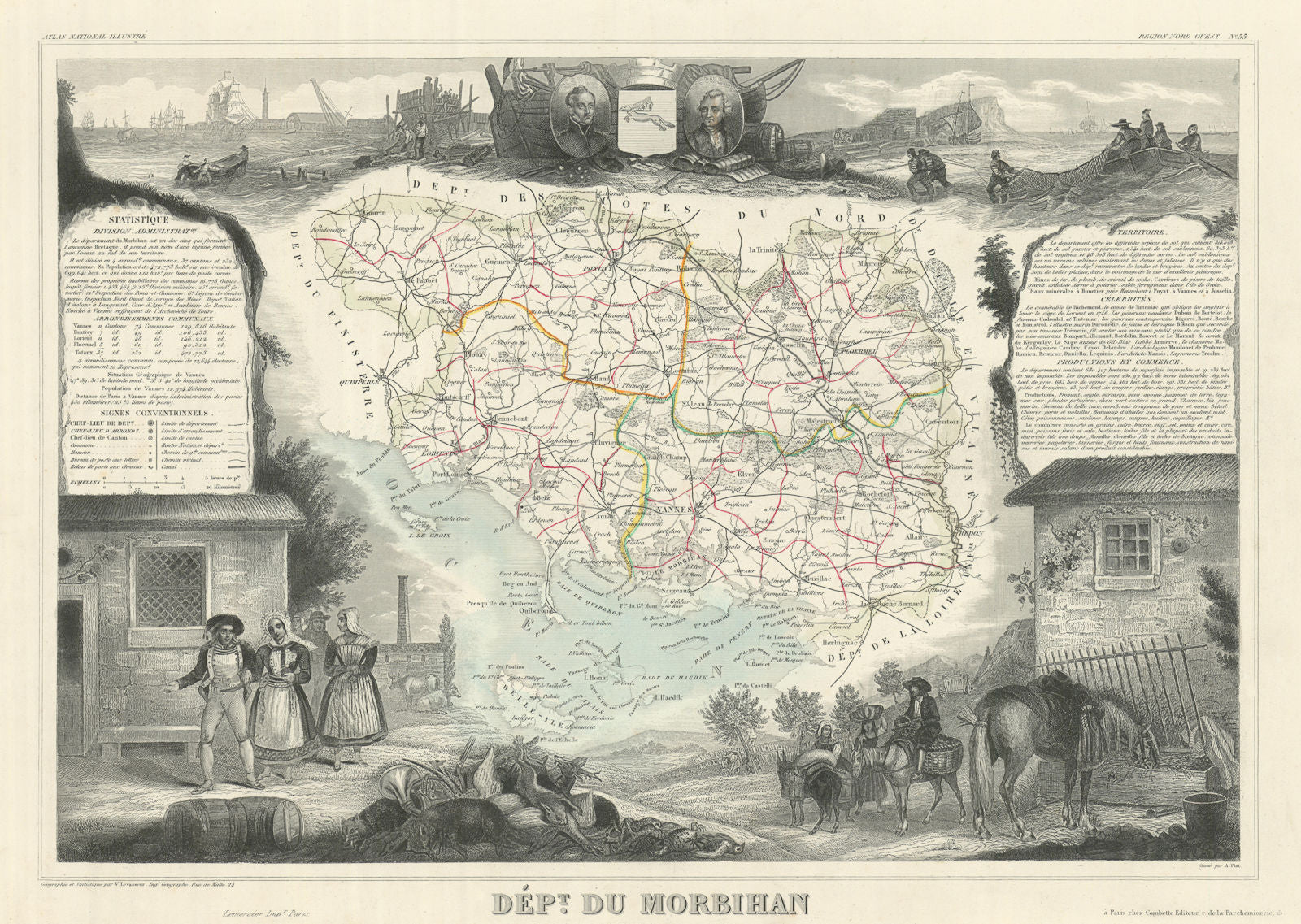 Département du MORBIHAN. Decorative antique map/carte by Victor LEVASSEUR 1856